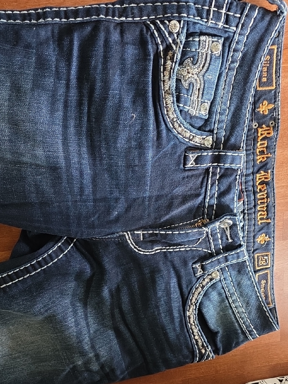 Rock Revival Dark Blue Denim Jeans with White Stitching